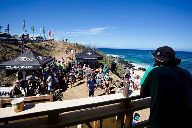 Head Judge Matt Pritchard briefs the competitors from the Lifeguard Tower. © American Windsurfing Tour http://americanwindsurfingtour.com/